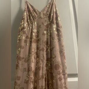 VICI Slip Maxi Dress, Mauve w/ Metallic Gold Floral Print, Sheer Overlay, XL